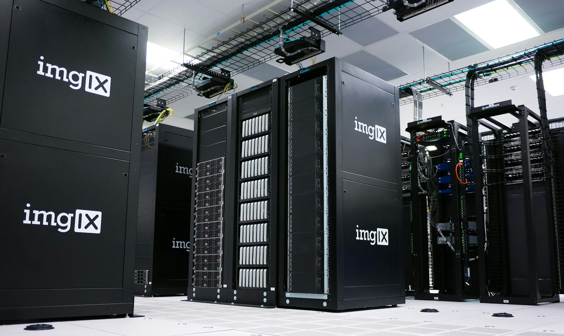 Rows of server racks in a technology data center.